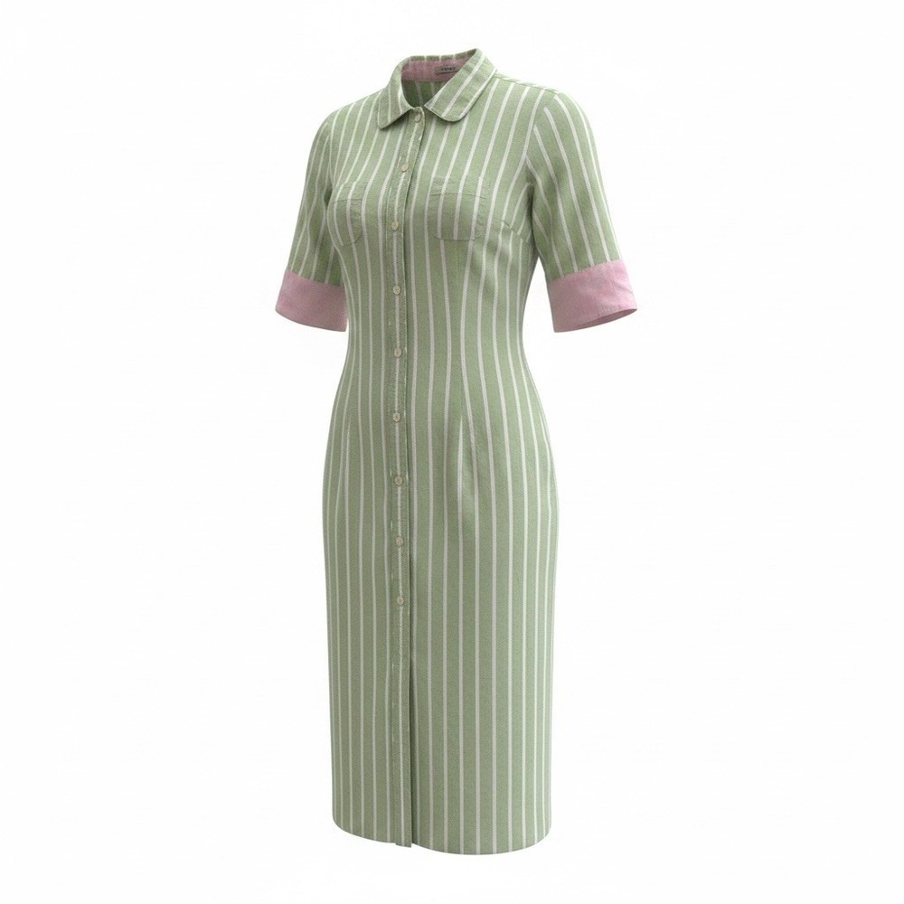 Old Navy Shirt-Dress Women’s Size 6 Green w/Pink & White Stripes Buttons Stretch